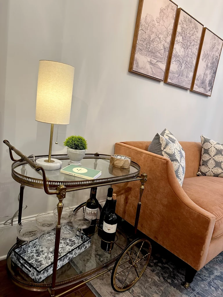 Breakfast nook relaxing orange couch.